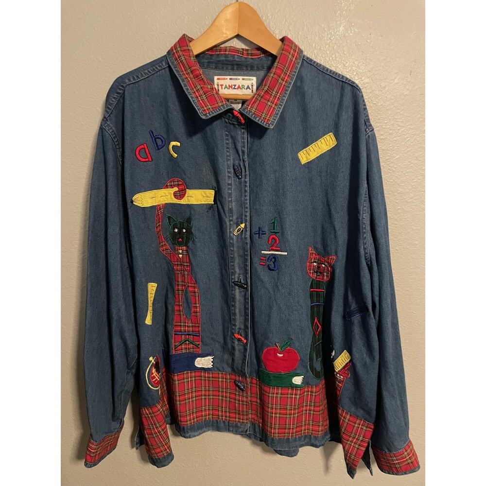 Vintage Tanzara Jacket Womens 3X Blue Denim Teacher Cat Embroidered School Artsy